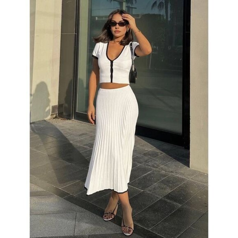 Commense Knit Top and Skirt Set - Ribbed, Midi Skirt, Two Piece Outfit - White M